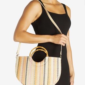 Beautiful striped tote with bamboo handle.